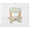 Cute decorative macaron cart centerpiece with pastel flowers and ribbons, perfect for wedding or party dessert displays. Handcrafted food display stand from The Wraperie.