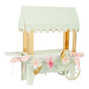 Colorful dessert food cart with floral decorations, perfect for events and parties, custom food truck for treats, mobile snack stand with pink ribbons, ideal for catering and vendor setups.