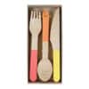 Colorful wooden cutlery set with fork, knife, and spoon, perfect for picnics, parties, and kids' meals. Durable and eco-friendly, ideal for children and outdoor dining experiences.