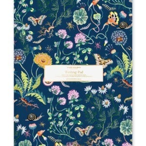 Vibrant insect and floral patterned writing pad with a dark blue background, perfect for note-taking and creative writing, featuring detailed illustrations of butterflies, flowers, and garden bugs.