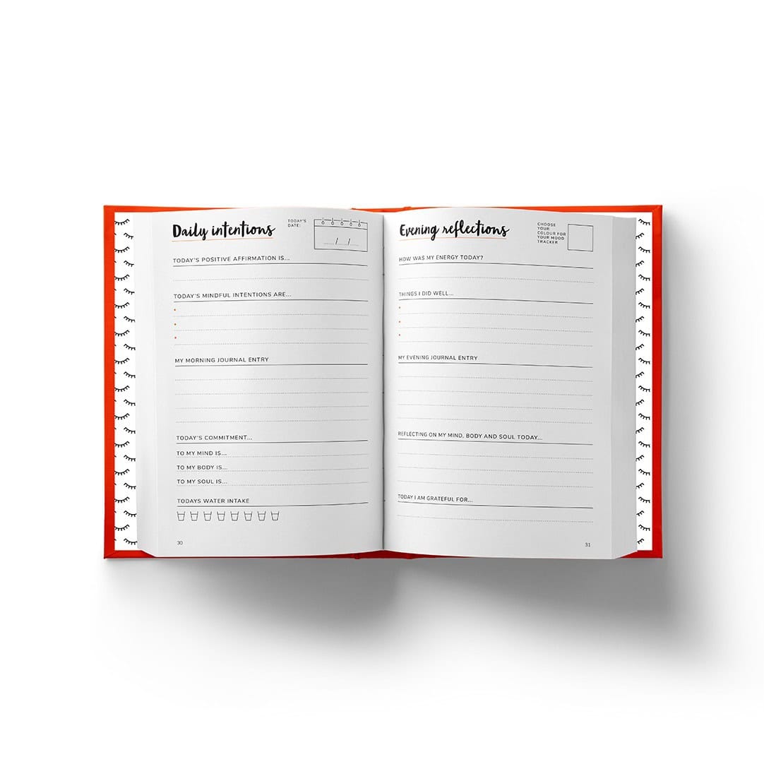 Daily intentions journal pages with prompts for morning affirmations and evening reflections, designed for mindfulness and personal growth.