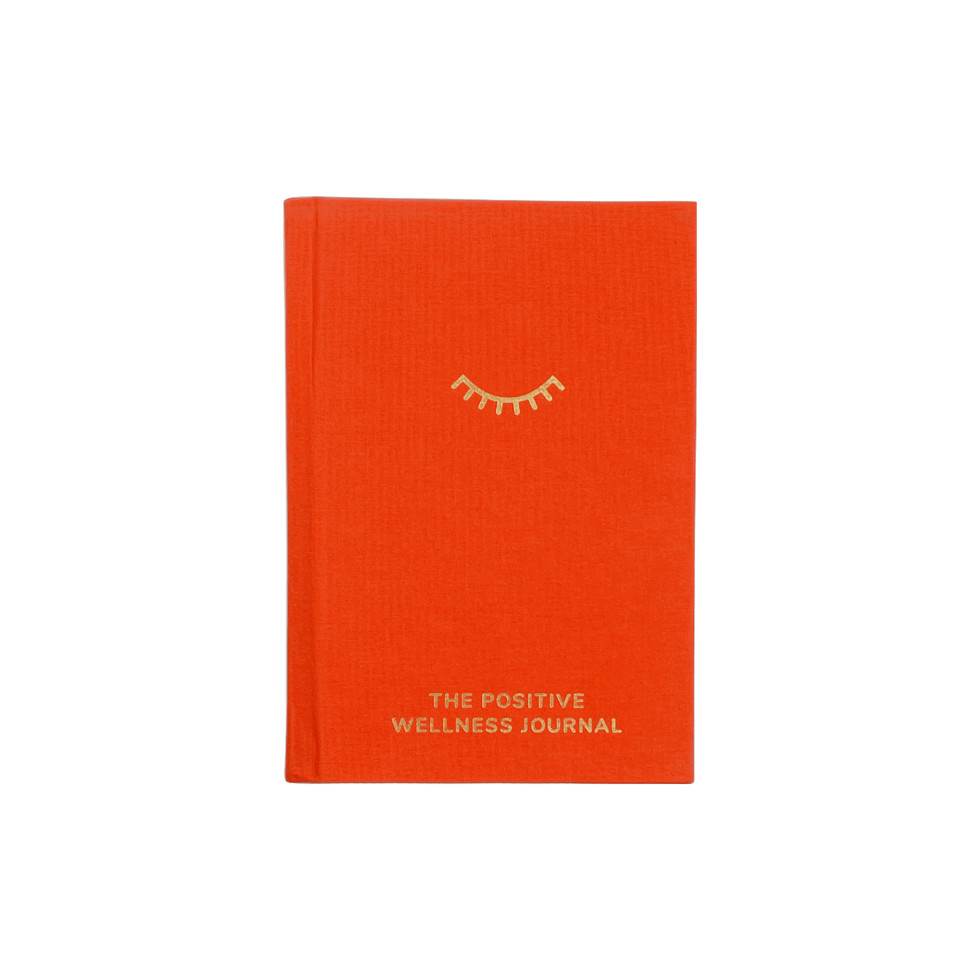 Bright orange wellness journal with a minimalist eyelash illustration and gold lettering that reads "The Positive Wellness Journal" on the cover, designed for health and self-care.