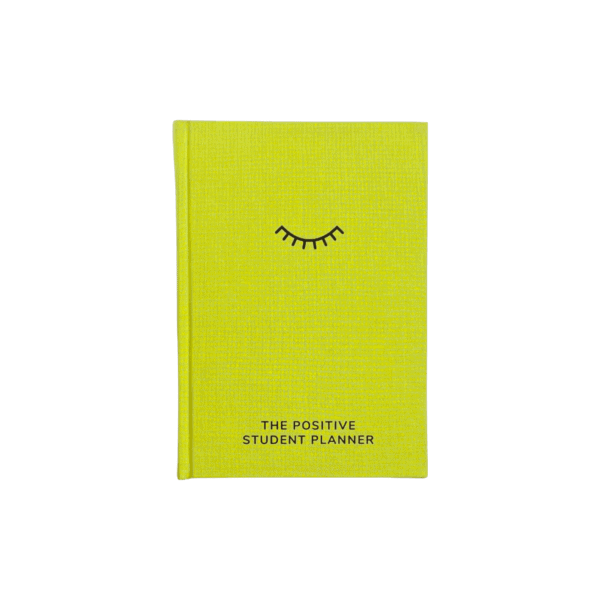 Bright yellow student planner with a minimalist closed eye and eyelash illustration, designed for positive motivation, organization, and student success, perfect for school or study planning.