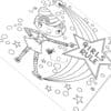 Coloring page of a cute unicorn girl with stars, a rainbow, and the phrase 