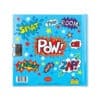 Bright blue comic book-themed notebook cover with colorful action words like 