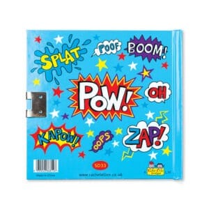Bright blue comic book-themed notebook cover with colorful action words like "POW!", "SPLAT", "BOOM!", and "ZAP!" for kids' stationery, journaling, and creative activities.