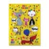 Colorful children's card featuring playful illustrated cats with speech bubbles, cheerful animals, and vibrant confetti, perfect for kids' learning and fun activities.