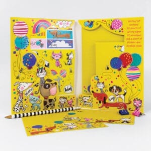 Colorful children's writing set with dog, cat, rainbow, and animal illustrations on bright yellow background, includes 30 sheets of writing paper, envelopes, stickers, and seals for kids' stationery.