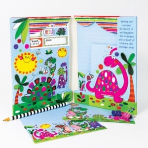Colorful children's stationery set with whimsical dinosaur and animal illustrations, including writing paper, envelopes, stickers, and seals, perfect for kids' creative projects and gift-giving.