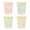 Pink, green, and cream floral patterned paper cups with gold accents for desserts or beverages from The Wraperie, perfect for elegant events and parties.
