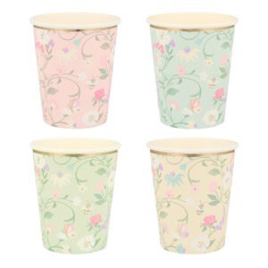 Pink, green, and cream floral patterned paper cups with gold accents for desserts or beverages from The Wraperie, perfect for elegant events and parties.
