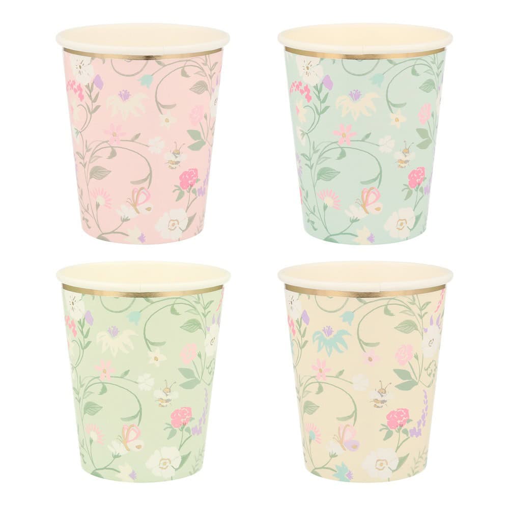 Pink, green, and cream floral patterned paper cups with gold accents for desserts or beverages from The Wraperie, perfect for elegant events and parties.