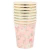 Colorful floral paper coffee cups with gold rims for eco-friendly hot beverage serving. Perfect for cafes, parties, and events, featuring a pink and pastel floral design.