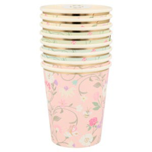 Colorful floral paper coffee cups with gold rims for eco-friendly hot beverage serving. Perfect for cafes, parties, and events, featuring a pink and pastel floral design.