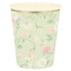 Colorful floral and butterfly-patterned paper cup with gold rim, perfect for beverages at The Wraperie. Elegant design ideal for catering, events, and takeout drinks.