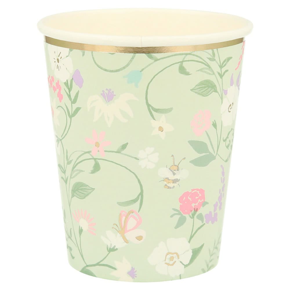 Colorful floral and butterfly-patterned paper cup with gold rim, perfect for beverages at The Wraperie. Elegant design ideal for catering, events, and takeout drinks.