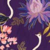 Elegant peacock and floral pattern with purple and gold accents, perfect for luxurious fabric or wallpaper designs.