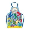Colorful kids apron featuring playful dinosaurs, vibrant patterns, and the phrase "I am Dino-Mite" for fun, creative cooking or baking experiences for children at The Wraperie.