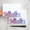 Vibrant hydrangea flower stationery cards with floral design, perfect for personalized notes and gifts, by The Wraperie. Bright, colorful paper art for elegant stationery or greeting cards.