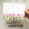 Bright pink and pastel tulip stationery notecard with floral border, ideal for spring greeting cards and personalized notes. Elegant design perfect for floral-themed gift messaging and special occasions.
