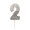 Shimmering silver number 2 birthday candle with glitter finish, perfect for celebration and cake decor, available at The Wraperie for special occasions.