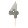 Shiny silver glitter birthday cake candle in the shape of the number 4 with a wooden stick base. Perfect for celebrating a 4th birthday or special occasion.