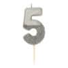 Number 5 birthday cake candle with a glittery silver finish, perfect for celebrations and special occasions.