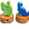 Colorful dinosaur themed wooden game pieces suitable for kids' party favors and educational activities.