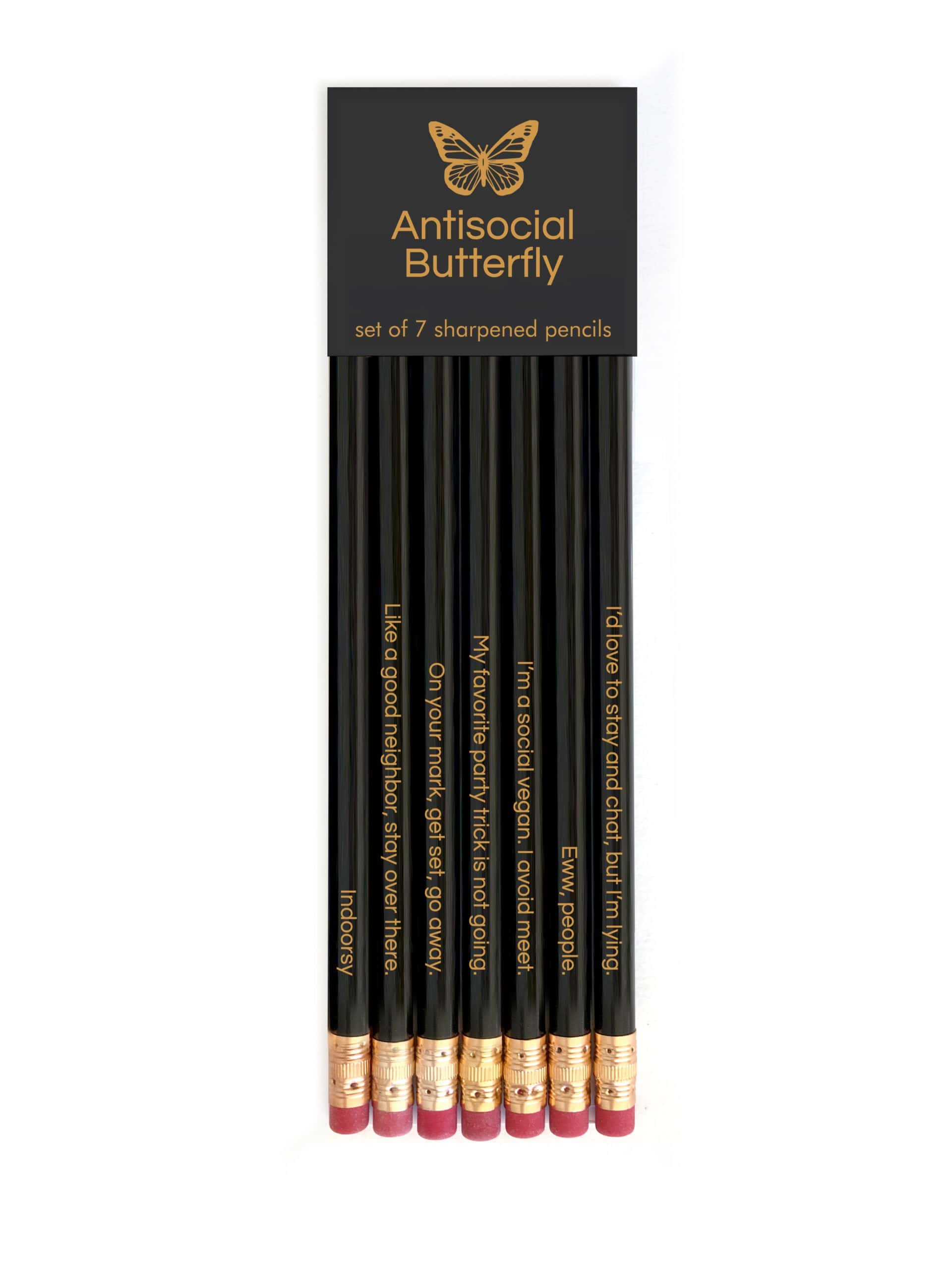 Elegant set of 7 black pencils with butterfly-themed packaging, ideal for gift-giving and writing, featuring inspirational quotes in gold lettering for daily motivation.