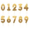 Shimmering gold birthday cake candles shaped as the numbers 0 through 9, perfect for celebration cake decoration.
