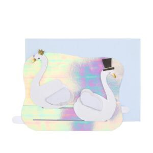 Elegant holographic swan-enclosure with plush swan accents, adorned with gold crown and top hat, perfect for stylish gift packaging or decor, from The Wraperie.