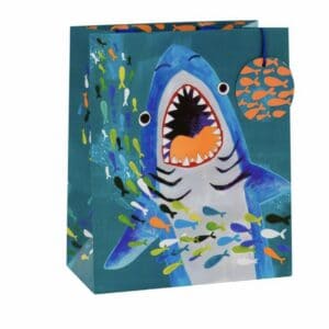Vibrant shark-themed gift bag with colorful fish design and an ocean-inspired print, perfect for seafood lovers or shark enthusiasts. Ideal for gift-giving occasions or beach-themed parties.