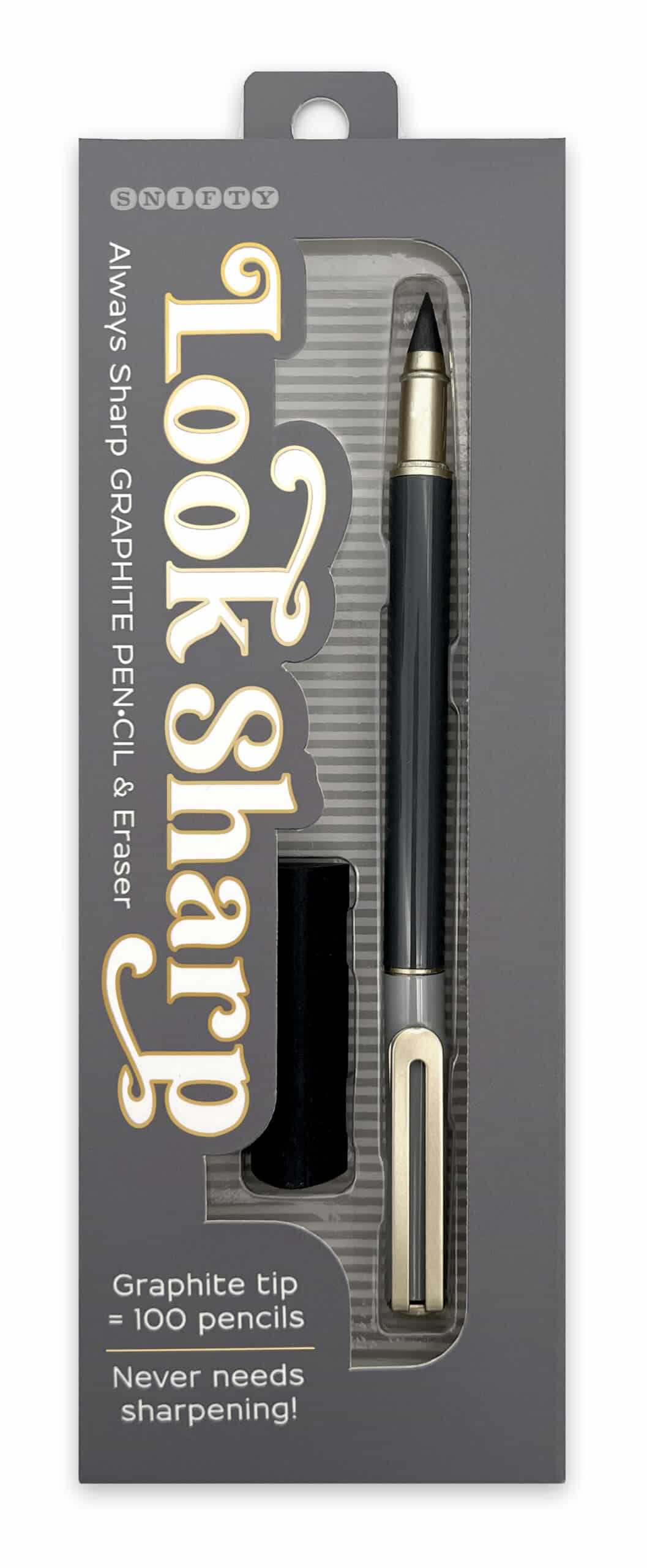 Sniffity look sharp graphic gel pen with black ink and gold accents for writing and note-taking.