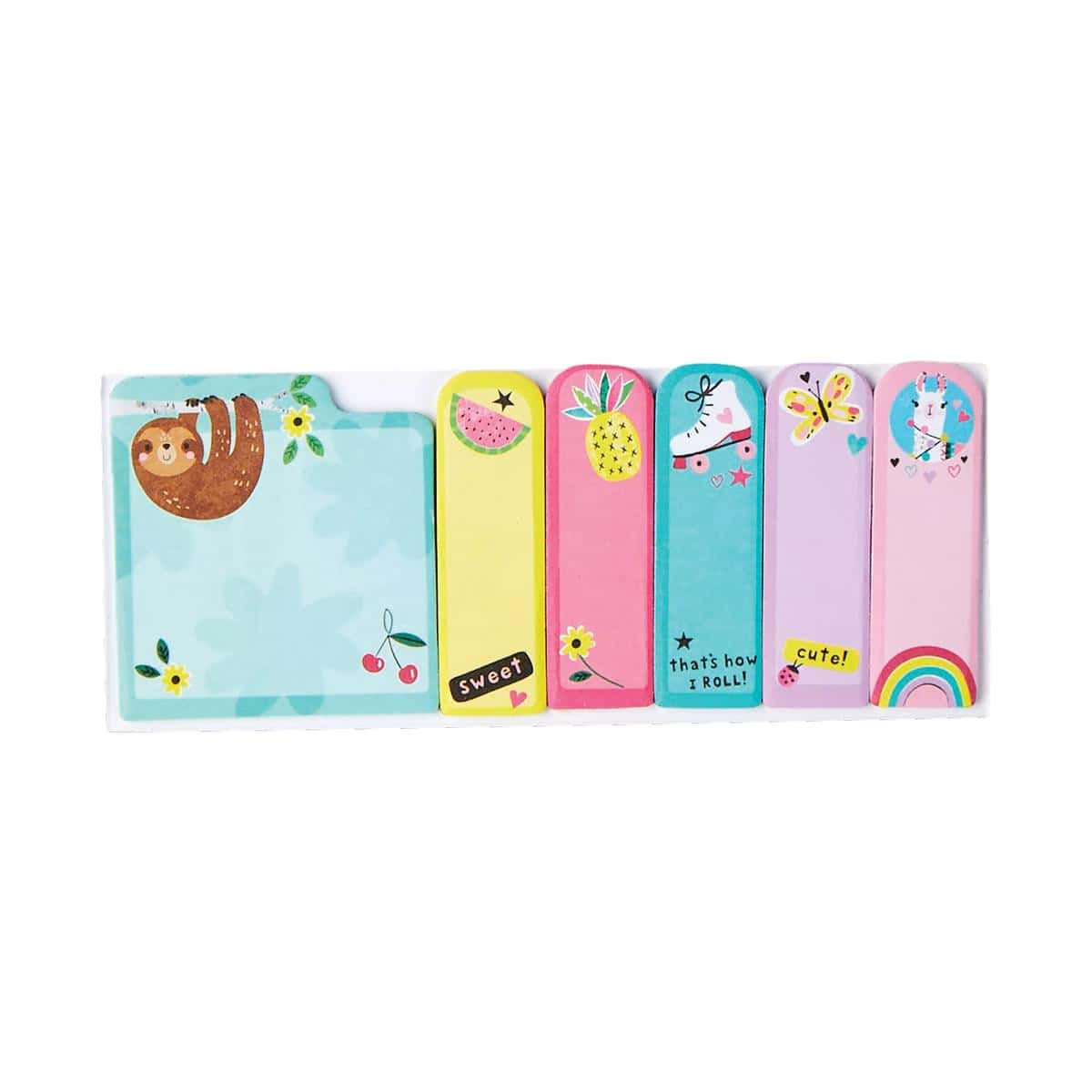 Colorful sticky notes with fun, playful animal and fruit designs perfect for kids' organization and notes.