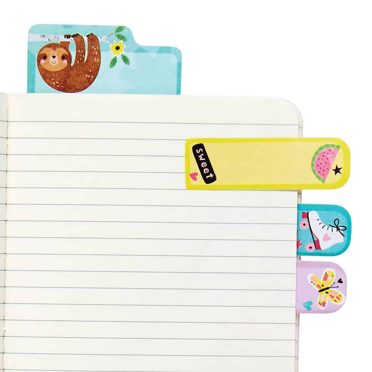 Sloth notepad tab, fruit watermelon notepad tab, unicorn notepad tab, butterfly notepad tab, colorful cute sticky notes, whimsical decorative message tabs, fun stationery supplies for organization, playful memo markers, The Wraperie stationery collection, collectable sticky note tabs for kids and teens.