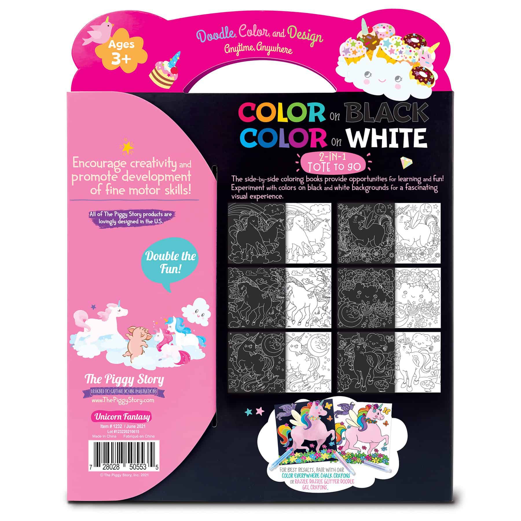 Vibrant unicorn-themed coloring book featuring black and white pages designed to enhance creativity and fine motor skills in children age 3 and up.