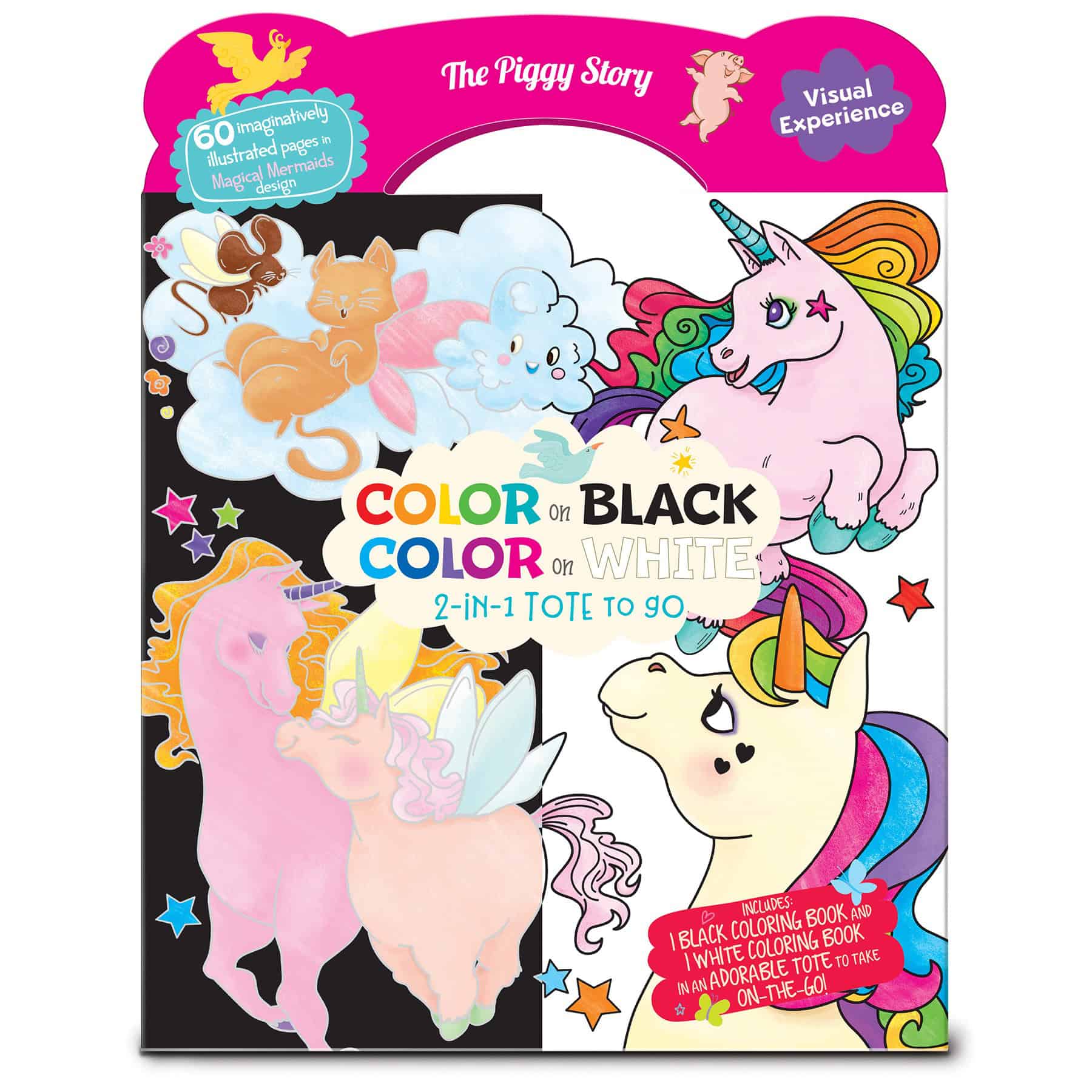 Vibrant coloring book featuring colorful unicorns, unicorn-themed illustrations, and a 2-in-1 tote design, perfect for kids who love magical fantasy and creative art activities.