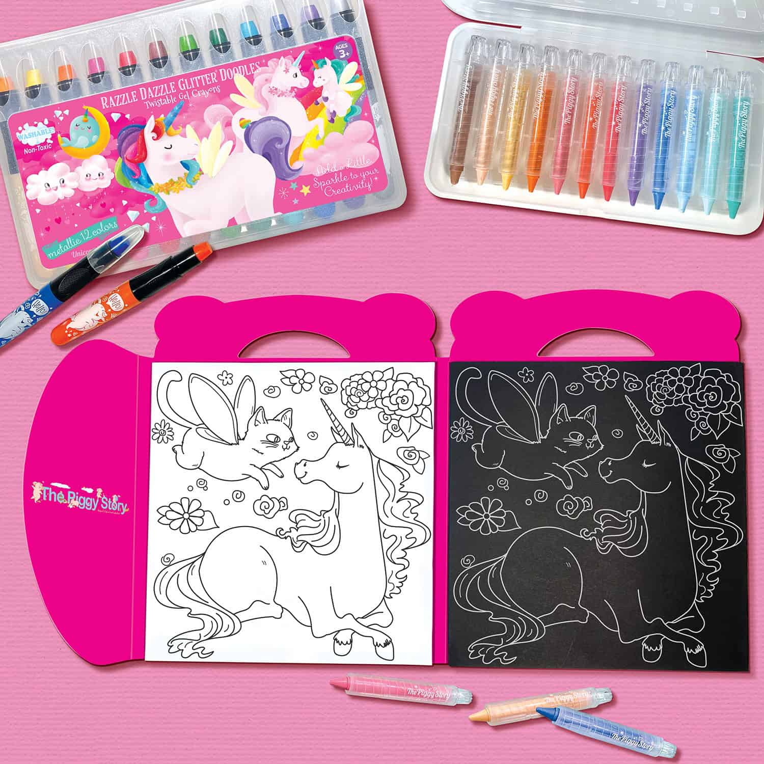 Unicorn and fairy creature coloring book with black and white pages, surrounded by colorful markers, pens, and glitter gel pens on a pink background.