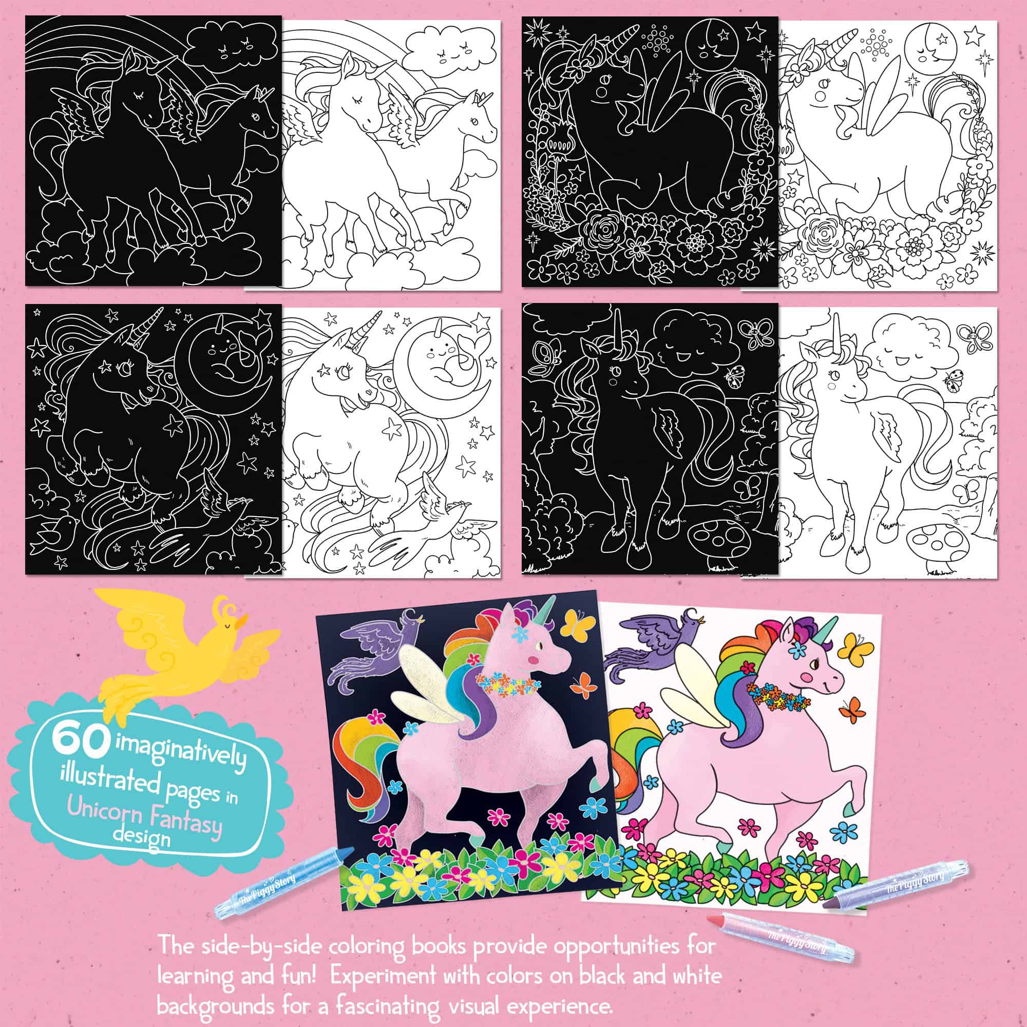Unicorn coloring pages featuring magical unicorns with wings, detailed floral and celestial backgrounds for kids' creativity and coloring fun.
