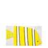 Bright yellow fish-shaped silicone utensil holder with black and white striped pattern, perfect for kitchen organization and decor, designed by Mirimiri.