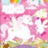 Colorful unicorns, adorable clouds, and magical rainbows in a whimsical children's coloring book scene with unicorn stickers.