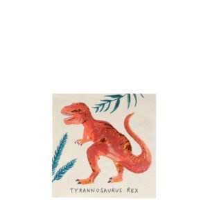 Colorful dinosaur illustration of Tyrannosaurus Rex on paper napkin, featuring tropical leaves; perfect for adding a fun, prehistoric touch to your table setting.