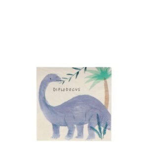 Dinosaur-themed paper napkin featuring a Diplodocus illustration with tropical plants, perfect for children's parties and dinosaur-themed events at The Wraperie.