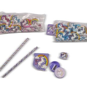 Colorful unicorn-themed stationery set including pencils, sharpener, and stickers with rainbow and cloud designs, perfect for kids' school supplies and arts & crafts projects.