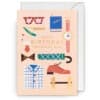Bright and colorful birthday card with playful illustrations of accessories, clothing, and fitness items, celebrating a handsome man's special day. Perfect for personalized birthday greetings.