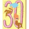Vibrant cartoon illustration of two characters lounging in the shape of the number 30, featuring playful colors, whimsical costumes, and a cheerful atmosphere, perfect for celebrating milestone birthdays or events.