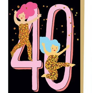 Vibrant 40th birthday celebration card featuring playful illustrated characters and bold numbers, perfect for sending birthday wishes with a fun, colorful design.