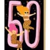 Vibrant 50th birthday celebration poster featuring playful cartoon characters with "50" in bold pink, orange polka dot outfits, perfect for birthday decorations or party decor.