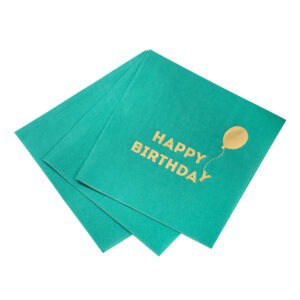 Bright turquoise birthday greeting cards with gold "Happy Birthday" lettering and balloon design, perfect for celebrating special occasions.