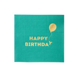 Bright teal birthday card with gold "Happy Birthday" text and a gold balloon design, perfect for celebrating special occasions with a touch of elegance.